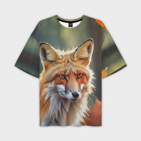 Мужская футболка oversize 3D с принтом Портрет лисы с осенними листьями в Курске,  |  | Тематика изображения на принте: 