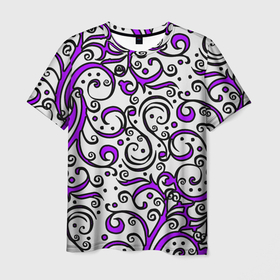 Мужская футболка 3D с принтом Фиолетовые кружевные узоры в Санкт-Петербурге, 100% полиэфир | прямой крой, круглый вырез горловины, длина до линии бедер | 