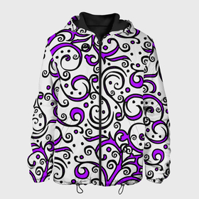 Мужская куртка 3D с принтом Фиолетовые кружевные узоры в Белгороде, ткань верха — 100% полиэстер, подклад — флис | прямой крой, подол и капюшон оформлены резинкой с фиксаторами, два кармана без застежек по бокам, один большой потайной карман на груди. Карман на груди застегивается на липучку | 