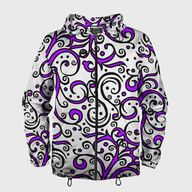 Мужская ветровка 3D с принтом Фиолетовые кружевные узоры в Белгороде, 100% полиэстер | подол и капюшон оформлены резинкой с фиксаторами, два кармана без застежек по бокам, один потайной карман на груди | Тематика изображения на принте: 