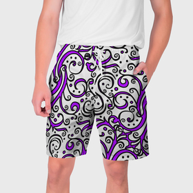 Мужские шорты 3D с принтом Фиолетовые кружевные узоры в Курске,  полиэстер 100% | прямой крой, два кармана без застежек по бокам. Мягкая трикотажная резинка на поясе, внутри которой широкие завязки. Длина чуть выше колен | 