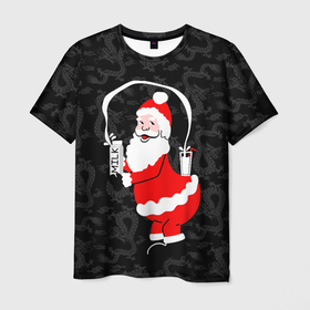 Мужская футболка 3D с принтом Санта клаус с молоком   паттерн драконов , 100% полиэфир | прямой крой, круглый вырез горловины, длина до линии бедер | 