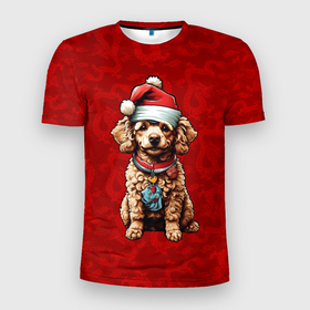 Мужская футболка 3D Slim с принтом Новогодний пёсик   паттерн с драконом в Новосибирске, 100% полиэстер с улучшенными характеристиками | приталенный силуэт, круглая горловина, широкие плечи, сужается к линии бедра | Тематика изображения на принте: 