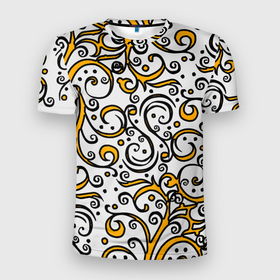 Мужская футболка 3D Slim с принтом Жёлтый кружевной узор в Санкт-Петербурге, 100% полиэстер с улучшенными характеристиками | приталенный силуэт, круглая горловина, широкие плечи, сужается к линии бедра | 