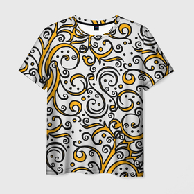 Мужская футболка 3D с принтом Жёлтый кружевной узор в Санкт-Петербурге, 100% полиэфир | прямой крой, круглый вырез горловины, длина до линии бедер | 