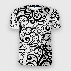 Мужская футболка 3D Slim с принтом Чёрный кружевной узор в Белгороде, 100% полиэстер с улучшенными характеристиками | приталенный силуэт, круглая горловина, широкие плечи, сужается к линии бедра | 
