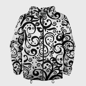 Мужская ветровка 3D с принтом Чёрный кружевной узор в Белгороде, 100% полиэстер | подол и капюшон оформлены резинкой с фиксаторами, два кармана без застежек по бокам, один потайной карман на груди | 