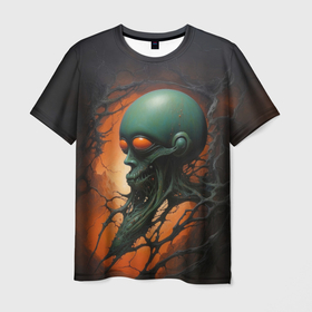 Мужская футболка 3D с принтом Страшный инопланетянин , 100% полиэфир | прямой крой, круглый вырез горловины, длина до линии бедер | 