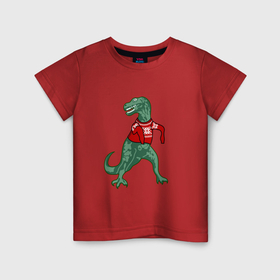Детская футболка хлопок с принтом Динозавр в новогоднем свитере в Кировске, 100% хлопок | круглый вырез горловины, полуприлегающий силуэт, длина до линии бедер | 