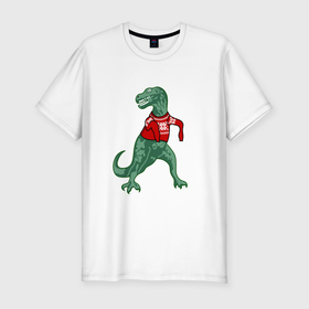 Мужская футболка хлопок Slim с принтом Динозавр в новогоднем свитере в Кировске, 92% хлопок, 8% лайкра | приталенный силуэт, круглый вырез ворота, длина до линии бедра, короткий рукав | Тематика изображения на принте: 