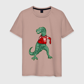 Мужская футболка хлопок с принтом Динозавр в новогоднем свитере в Санкт-Петербурге, 100% хлопок | прямой крой, круглый вырез горловины, длина до линии бедер, слегка спущенное плечо. | 