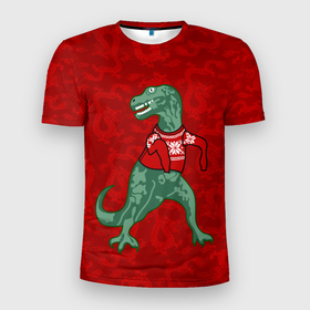 Мужская футболка 3D Slim с принтом Динозавр в свитере   новогодние драконы в Кировске, 100% полиэстер с улучшенными характеристиками | приталенный силуэт, круглая горловина, широкие плечи, сужается к линии бедра | Тематика изображения на принте: 