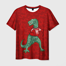 Мужская футболка 3D с принтом Динозавр в свитере   новогодние драконы в Кировске, 100% полиэфир | прямой крой, круглый вырез горловины, длина до линии бедер | Тематика изображения на принте: 