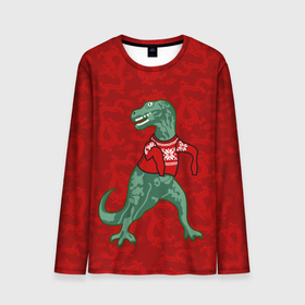 Мужской лонгслив 3D с принтом Динозавр в свитере   новогодние драконы в Кировске, 100% полиэстер | длинные рукава, круглый вырез горловины, полуприлегающий силуэт | Тематика изображения на принте: 