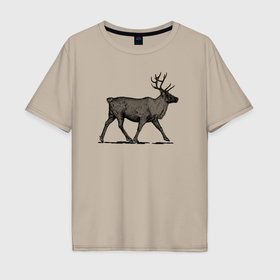 Мужская футболка хлопок Oversize с принтом Северный олень в профиль в Курске, 100% хлопок | свободный крой, круглый ворот, “спинка” длиннее передней части | 