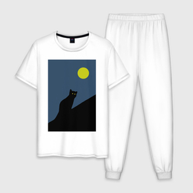 Мужская пижама хлопок с принтом Силуэт кошки и Луна в Петрозаводске, 100% хлопок | брюки и футболка прямого кроя, без карманов, на брюках мягкая резинка на поясе и по низу штанин
 | 