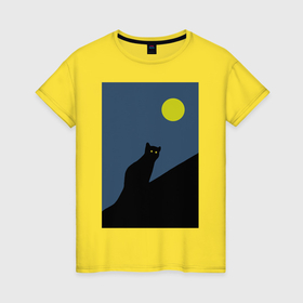 Женская футболка хлопок с принтом Силуэт кошки и Луна в Екатеринбурге, 100% хлопок | прямой крой, круглый вырез горловины, длина до линии бедер, слегка спущенное плечо | 