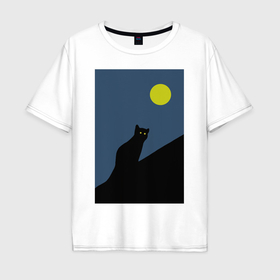 Мужская футболка хлопок Oversize с принтом Силуэт кошки и Луна в Петрозаводске, 100% хлопок | свободный крой, круглый ворот, “спинка” длиннее передней части | 