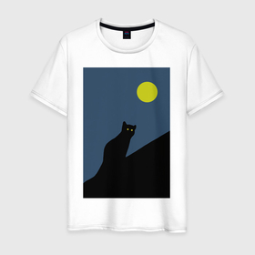 Мужская футболка хлопок с принтом Силуэт кошки и Луна в Петрозаводске, 100% хлопок | прямой крой, круглый вырез горловины, длина до линии бедер, слегка спущенное плечо. | 