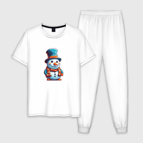 Мужская пижама хлопок с принтом Забавный снеговик в Тюмени, 100% хлопок | брюки и футболка прямого кроя, без карманов, на брюках мягкая резинка на поясе и по низу штанин
 | 