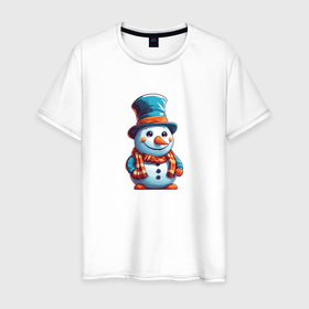 Мужская футболка хлопок с принтом Забавный снеговик в Кировске, 100% хлопок | прямой крой, круглый вырез горловины, длина до линии бедер, слегка спущенное плечо. | Тематика изображения на принте: 
