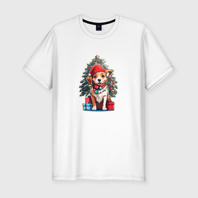 Мужская футболка хлопок Slim с принтом Новогодняя cобака с подарками в Петрозаводске, 92% хлопок, 8% лайкра | приталенный силуэт, круглый вырез ворота, длина до линии бедра, короткий рукав | 