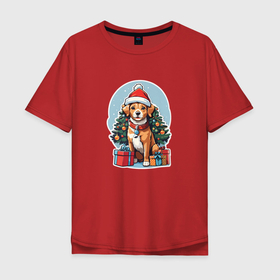 Мужская футболка хлопок Oversize с принтом Новогодняя собака на фоне елки в Новосибирске, 100% хлопок | свободный крой, круглый ворот, “спинка” длиннее передней части | Тематика изображения на принте: 