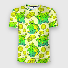 Мужская футболка 3D Slim с принтом Круглые драконы с монетами, зеленый в Петрозаводске, 100% полиэстер с улучшенными характеристиками | приталенный силуэт, круглая горловина, широкие плечи, сужается к линии бедра | 