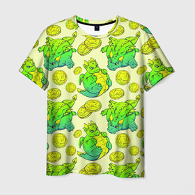 Мужская футболка 3D с принтом Круглые драконы с монетами, зеленый в Петрозаводске, 100% полиэфир | прямой крой, круглый вырез горловины, длина до линии бедер | 