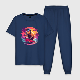 Мужская пижама хлопок с принтом Cool capybara on a skateboard   ai art в Белгороде, 100% хлопок | брюки и футболка прямого кроя, без карманов, на брюках мягкая резинка на поясе и по низу штанин
 | 