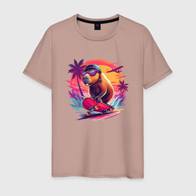 Мужская футболка хлопок с принтом Cool capybara on a skateboard   ai art , 100% хлопок | прямой крой, круглый вырез горловины, длина до линии бедер, слегка спущенное плечо. | Тематика изображения на принте: 