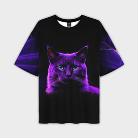 Мужская футболка oversize 3D с принтом Фиолетовый кот и молнии на черном фоне в Санкт-Петербурге,  |  | 
