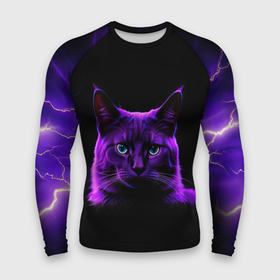 Мужской рашгард 3D с принтом Фиолетовый кот и молнии на черном фоне ,  |  | Тематика изображения на принте: 