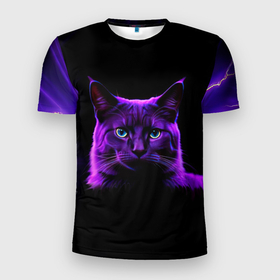 Мужская футболка 3D Slim с принтом Фиолетовый кот и молнии на черном фоне в Екатеринбурге, 100% полиэстер с улучшенными характеристиками | приталенный силуэт, круглая горловина, широкие плечи, сужается к линии бедра | Тематика изображения на принте: 