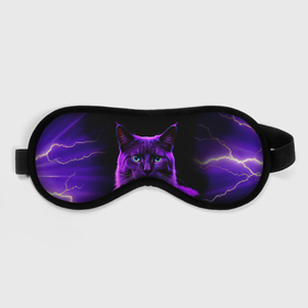 Маска для сна 3D с принтом Фиолетовый кот и молнии на черном фоне в Тюмени, внешний слой — 100% полиэфир, внутренний слой — 100% хлопок, между ними — поролон |  | 