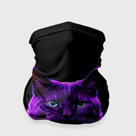 Бандана-труба 3D с принтом Фиолетовый кот и молнии на черном фоне , 100% полиэстер, ткань с особыми свойствами — Activecool | плотность 150‒180 г/м2; хорошо тянется, но сохраняет форму | 