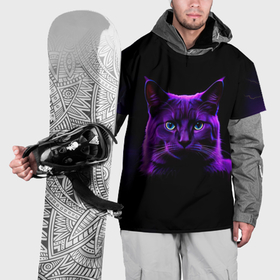 Накидка на куртку 3D с принтом Фиолетовый кот и молнии на черном фоне , 100% полиэстер |  | Тематика изображения на принте: 