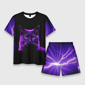 Мужской костюм с шортами 3D с принтом Фиолетовый кот и молнии на черном фоне ,  |  | Тематика изображения на принте: 