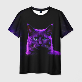 Мужская футболка 3D с принтом Фиолетовый кот и молнии на черном фоне , 100% полиэфир | прямой крой, круглый вырез горловины, длина до линии бедер | Тематика изображения на принте: 