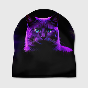 Шапка 3D с принтом Фиолетовый кот и молнии на черном фоне в Екатеринбурге, 100% полиэстер | универсальный размер, печать по всей поверхности изделия | Тематика изображения на принте: 