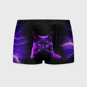 Мужские трусы 3D с принтом Фиолетовый кот и молнии на черном фоне , 50% хлопок, 50% полиэстер | классическая посадка, на поясе мягкая тканевая резинка | Тематика изображения на принте: 