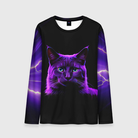 Мужской лонгслив 3D с принтом Фиолетовый кот и молнии на черном фоне , 100% полиэстер | длинные рукава, круглый вырез горловины, полуприлегающий силуэт | Тематика изображения на принте: 