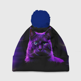 Шапка 3D c помпоном с принтом Фиолетовый кот и молнии на черном фоне в Екатеринбурге, 100% полиэстер | универсальный размер, печать по всей поверхности изделия | Тематика изображения на принте: 