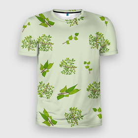 Мужская футболка 3D Slim с принтом Веточки с зелеными листьями растение в Кировске, 100% полиэстер с улучшенными характеристиками | приталенный силуэт, круглая горловина, широкие плечи, сужается к линии бедра | Тематика изображения на принте: 