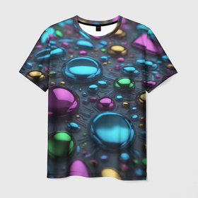 Мужская футболка 3D с принтом Абстрактция с разноцветными металлическими овалами , 100% полиэфир | прямой крой, круглый вырез горловины, длина до линии бедер | 