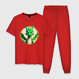 Мужская пижама хлопок с принтом Нейросеть   деревянный зелёный дракон в Екатеринбурге, 100% хлопок | брюки и футболка прямого кроя, без карманов, на брюках мягкая резинка на поясе и по низу штанин
 | 