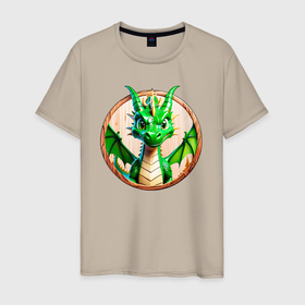 Мужская футболка хлопок с принтом Нейросеть   деревянный зелёный дракон в Санкт-Петербурге, 100% хлопок | прямой крой, круглый вырез горловины, длина до линии бедер, слегка спущенное плечо. | Тематика изображения на принте: 