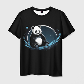 Мужская футболка 3D с принтом Панда сидит в Петрозаводске, 100% полиэфир | прямой крой, круглый вырез горловины, длина до линии бедер | Тематика изображения на принте: 