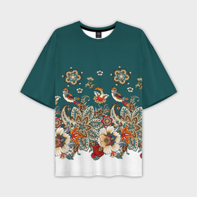 Мужская футболка oversize 3D с принтом Индийский орнамент с птицами в Кировске,  |  | 