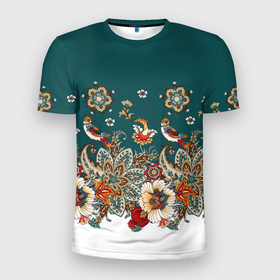 Мужская футболка 3D Slim с принтом Индийский орнамент с птицами в Петрозаводске, 100% полиэстер с улучшенными характеристиками | приталенный силуэт, круглая горловина, широкие плечи, сужается к линии бедра | Тематика изображения на принте: 
